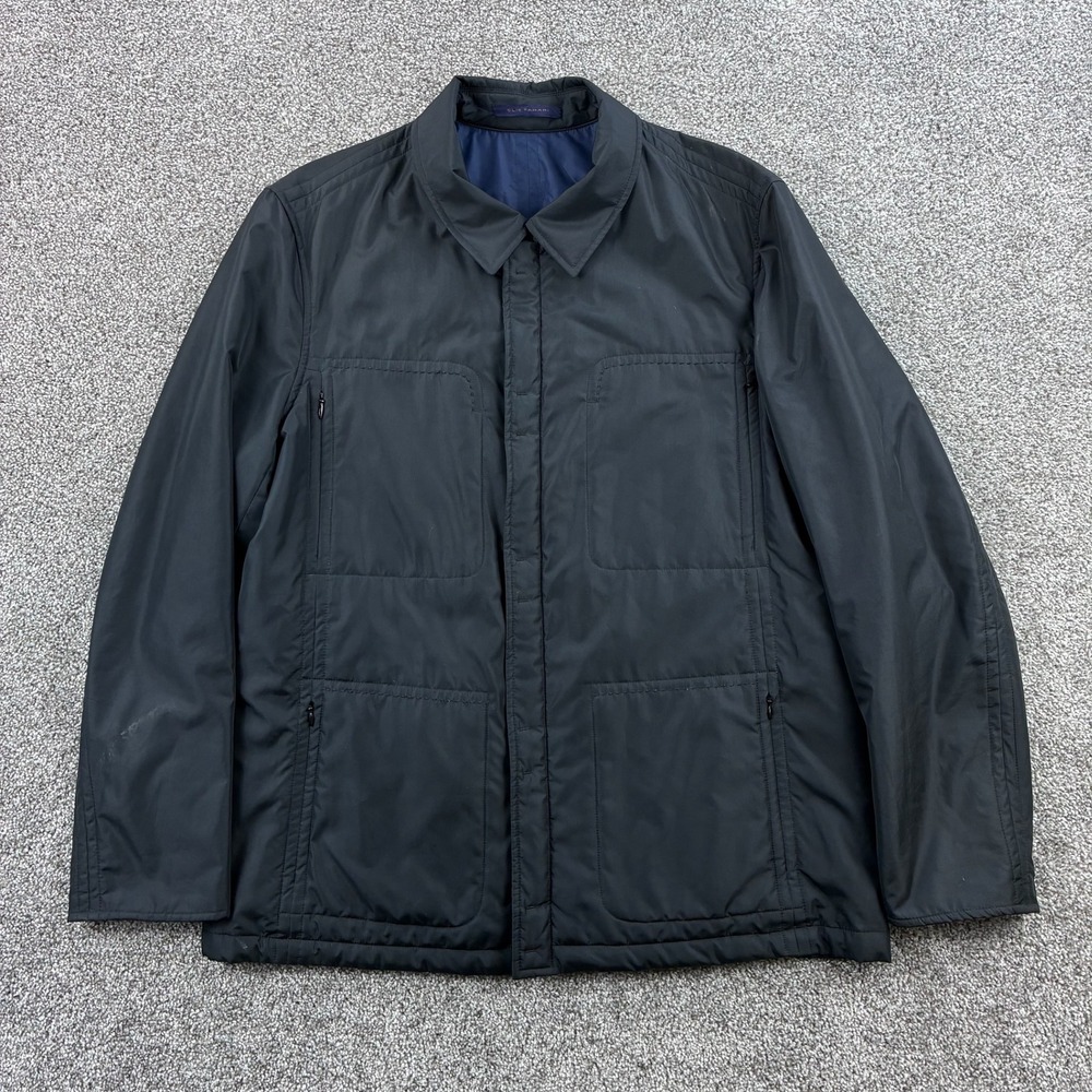 Elie Tahari Jacket Men's Large Reversible Black Navy Zip Collared Lightweight